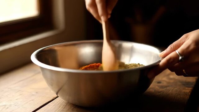 Authentic indian masala spice blend being carefully prepared by hand in a rustic kitchen setting for traditional cuisine