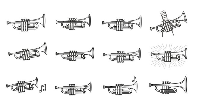 A collection of twelve stylized trumpet illustrations, showcasing various angles and playing actions.