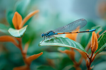 .Blue Dragonfly on Green Leaves