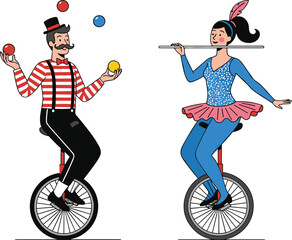 Circus performers riding unicycles, man juggling colorful balls, woman balancing baton, carnival entertainment act, artistic flat illustration, creative show performance design © Ponkaj Creatives