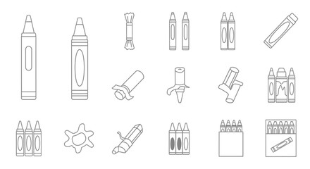 Outline drawing of crayons in various states: whole, broken, in boxes, and as a spill.