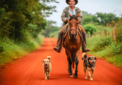 Campesino, hombre de campo cabalgando en su caballo por la calle de tierra colorada con perros acompa&ntilde;&aacute;ndolo en un d&iacute;a soleado.