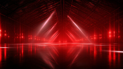 Bright Red Laser Beams in Dark Futuristic Room with Light Rays, Generative AI
