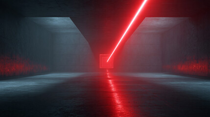 Bright Red Laser Beams in Dark Futuristic Room with Light Rays, Generative AI

