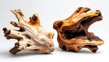 Two driftwood sculptures, light and dark tones