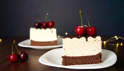 Two slices of cake with cherries