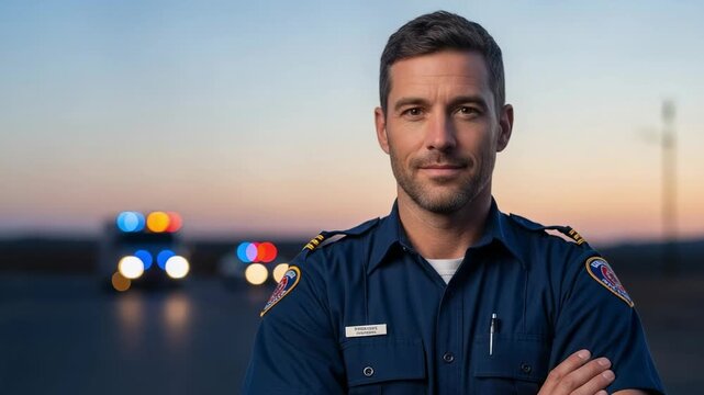 Confident male paramedic in dark blue uniform with arms crossed, standing outdoors at dusk with emergency vehicle lights blurred in the background.