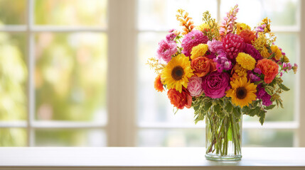 Brightly colored floral arrangement in glass vase placed on white table with soft sunlight illuminating the flowers and blurred background of green plants.