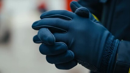 Close-up of a person's hands wearing dark blue protective work gloves with textured grip, clasped together, suggesting readiness or cold weather.
