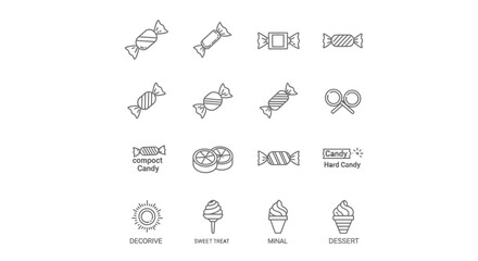 Line art illustration of various candies and sweet treats arranged in a grid.