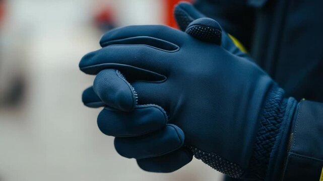 Close-up of a person's hands wearing dark blue protective work gloves with textured grip, clasped together, suggesting readiness or cold weather.