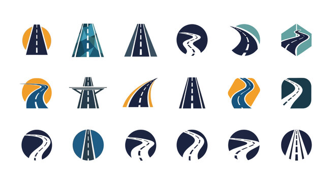 Collection of road logo designs featuring various perspectives and shapes, rendered in blue, white, and yellow colors.
