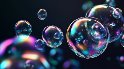 Naklejka premium 83.A highly detailed vector illustration set featuring realistic 3D water drops with a rounded, glossy surface and soft light reflections. The droplets have holographic effects, resembling soap