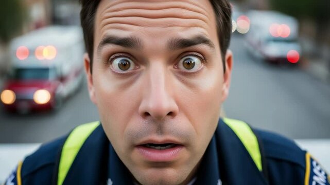 Close-up of a wide-eyed young adult male paramedic or EMT expressing shock and concern, with blurred emergency ambulances in the background on a city street.
