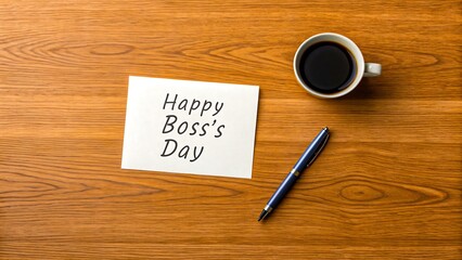 Happy boss day card with coffee cup and pen on table