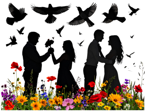 Firefly_Set of Silhouette of lovers holding each other surrounded by wildflowers and singing
