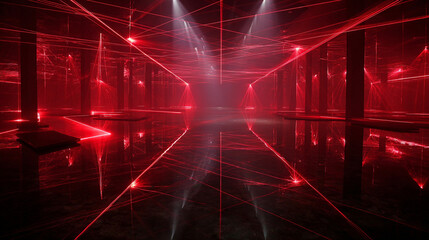 Bright Red Laser Beams in Dark Futuristic Room with Light Rays, Generative AI
