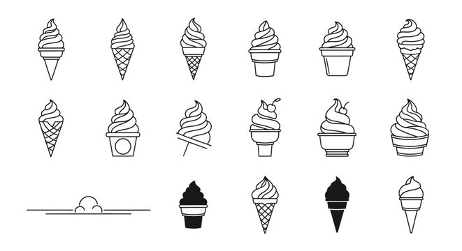 A collection of minimalist ice cream cone and cup illustrations, showcasing various styles and serving options.