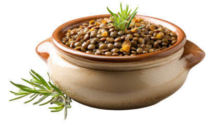 Clay pot filled with brown lentils and rosemary isolated on transparent background