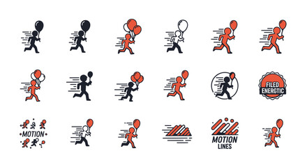Collection of stylized running figures holding balloons, with motion lines indicating speed and movement.