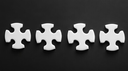 Fototapeta premium 16.Four white, interlocking puzzle pieces against a black background, symbolizing a solution to a problem. The puzzle pieces are evenly spaced, representing clarity, completion, and the final step