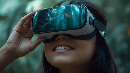 Immersive virtual reality experience with a woman wearing VR goggles showing an expression of wonder