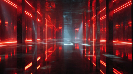 Bright Red Laser Beams in Dark Futuristic Room with Light Rays, Generative AI
