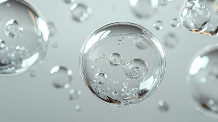 103.Abstract 3D Render of Floating Liquid Transparent Bubbles That Collide with Each Other Over Grey Background