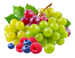 Hyper-realistic 8K PNG of a bunch of red and green grapes intertwined with fresh blue 80963
