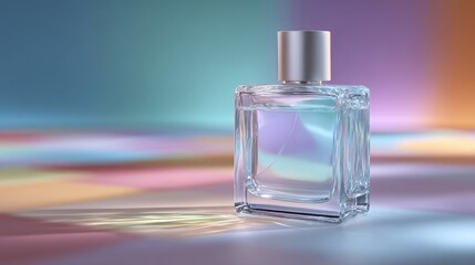 Elegant Square Perfume Bottle Product Shot with Silver Lid and Colorful Reflections on Geometric Background