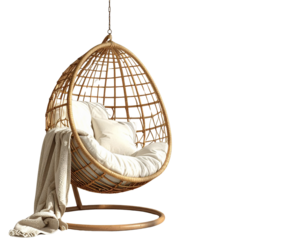 Hyper-realistic 8K PNG of a chic wicker hanging egg chair with plush white cushions,  326100
