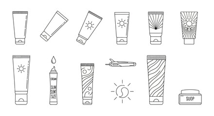Line art illustration of various sunscreen tubes and bottles, showcasing different designs and packaging.