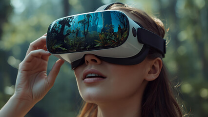Immersive virtual reality experience with a woman wearing VR goggles showing an expression of wonder