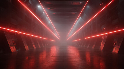 Bright Red Laser Beams in Dark Futuristic Room with Light Rays, Generative AI
