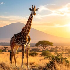 Majestic giraffe in golden savanna sunrise