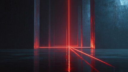 Bright Red Laser Beams in Dark Futuristic Room with Light Rays, Generative AI
