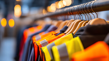 High-visibility safety vests in bright yellow and orange hang neatly on wooden hangers in a row, showcasing reflective strips for enhanced visibility in low-light conditions