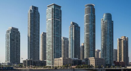Fototapeta premium Modern Residential Apartment Building with Glass Balconies under Blue Sky