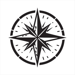 Compass rose with footsteps leading into horizon vector silhouette outline logo design concept illustration