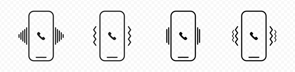 Phone ring and vibration mode icons. Smartphone sound profile icon set containing silent, sound and vibration mode symbol for app and ui. Transparent PNG and vector illustration.