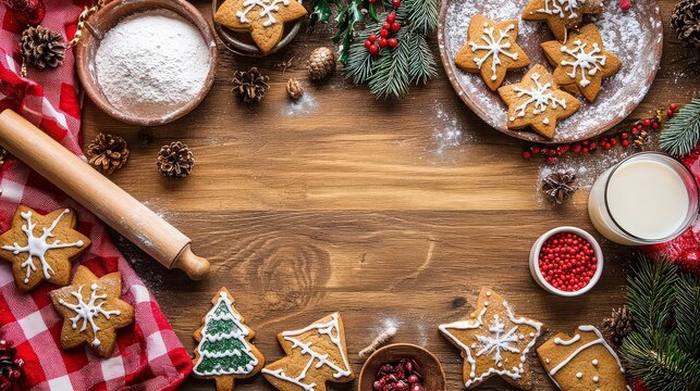 Overhead view of christmas gingerbread cookies, milk, and baking ingredients arranged on a wooden table, creating a festive scene for holiday baking - Powered by Adobe