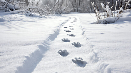 Fototapeta premium Animal paw prints trail through fresh snow in a quiet, wintry forest scene with bare trees and soft sunlight