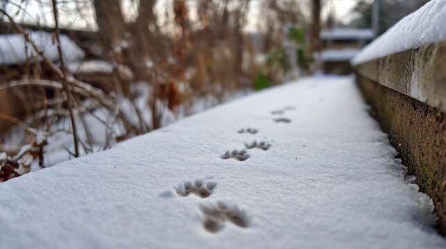Small animal paw prints trail across fresh snow on a wooden deck, surrounded by bare branches and a winter landscape in soft focus
