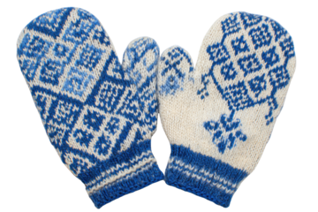 Pair of hand-knitted mittens with a blue and white snowflake pattern, perfect for winter. background removed