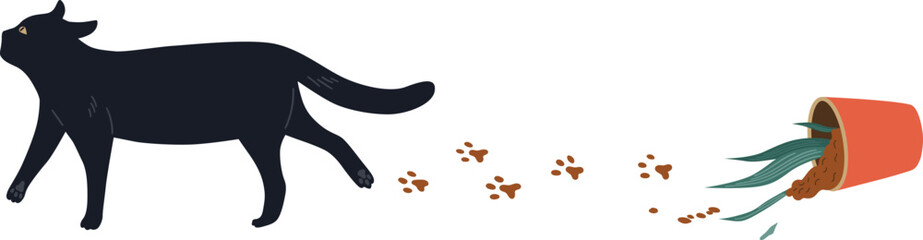 Black cat near knockedover plant pot with paw prints