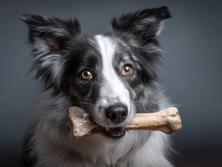 Fototapeta premium Border Collie dog with attentive eyes holding a large bone in its mouth against a neutral gray background