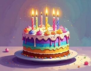 Colorful birthday cake with lit candles