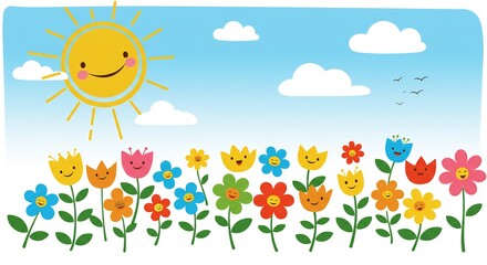 陽光輝く春の草原 カラフルな花が微笑む. AI Generated