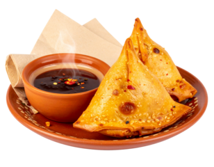 Hyper-realistic 8K PNG of a crunchy street-food style samosa paired with a bowl of da 599121