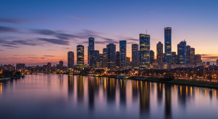 Fototapeta premium Panoramic City Skyline with Riverfront and Skyscrapers at Sunset